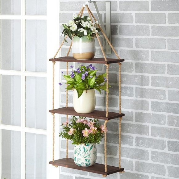 Hanging Wall Shelf Hemp Rope Brown Wood 3 Shelves 15-3/4W x 6D x 32H New - Picture 5 of 5